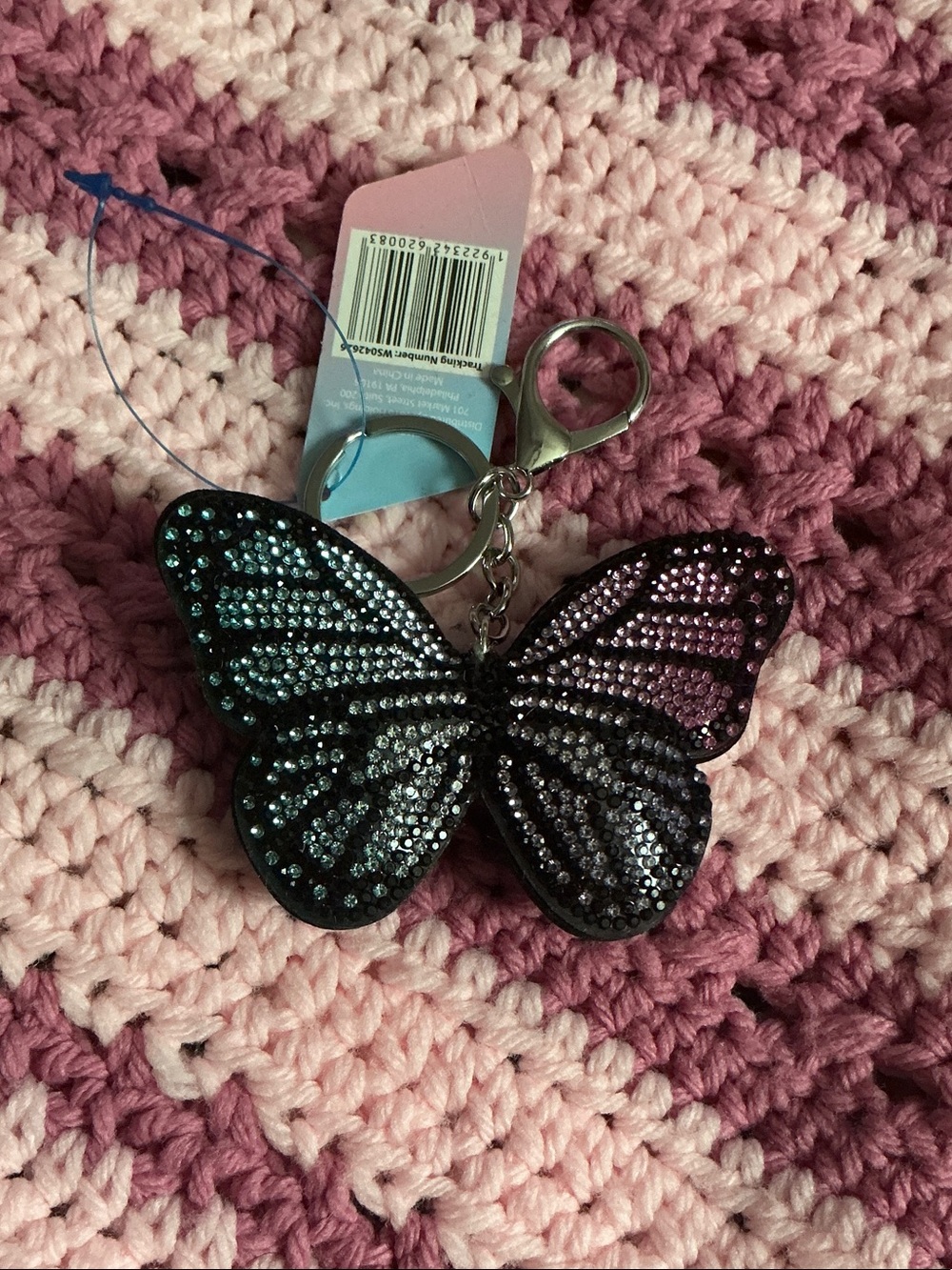 Rhinestone Butterfly Keychain - Black with Pink & Teal Accents